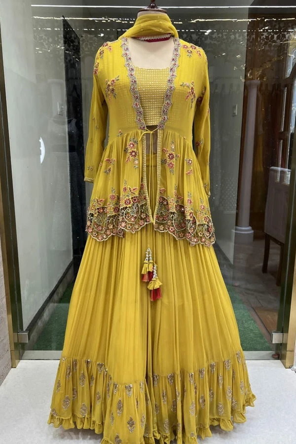 Mustard Yellow Crop Top Jacket & Lehenga - S