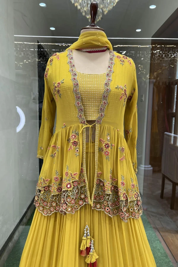 Mustard Yellow Crop Top Jacket & Lehenga - S