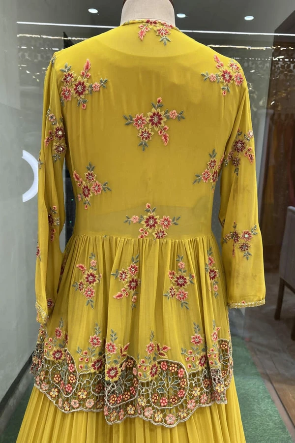 Mustard Yellow Crop Top Jacket & Lehenga - S