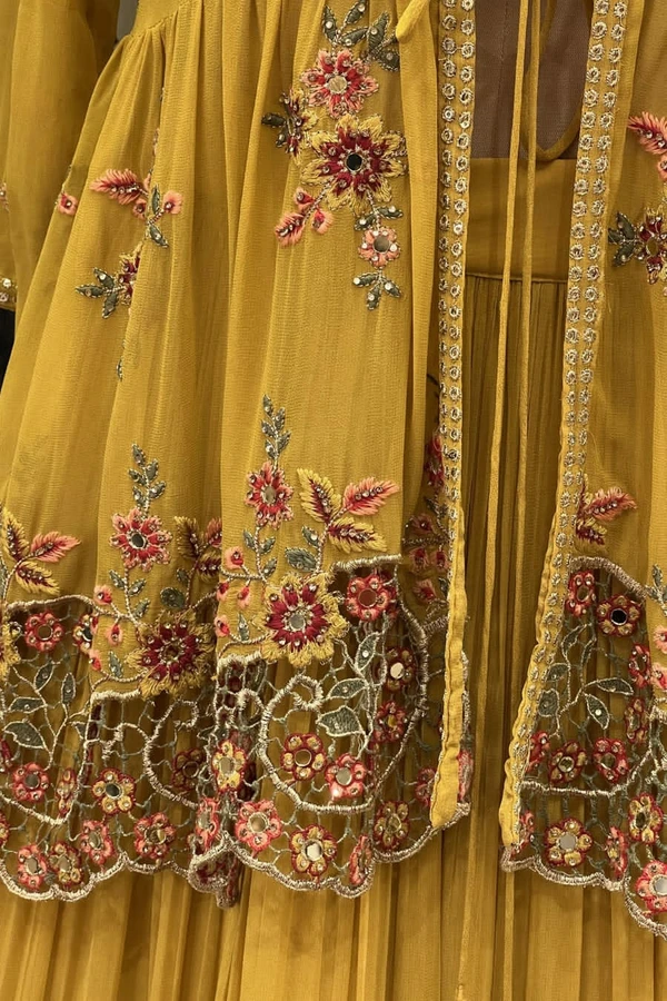 Mustard Yellow Crop Top Jacket & Lehenga - S