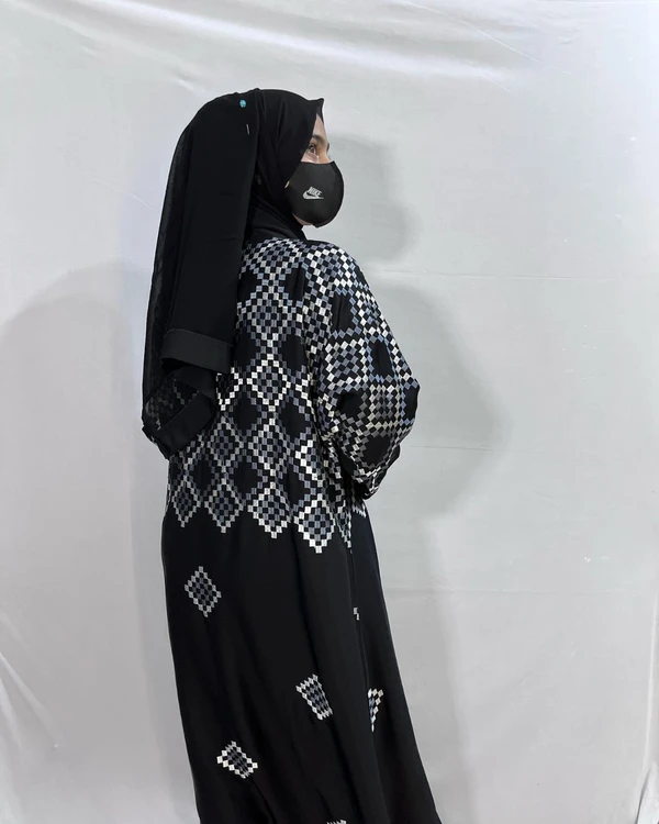 Embroidery Nida Front Open Abaya With Elastic Sleeve - 54