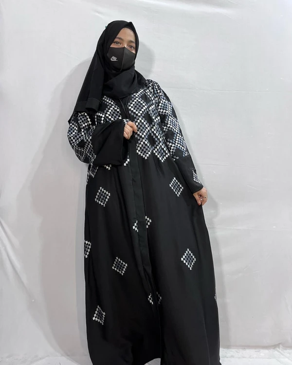 Embroidery Nida Front Open Abaya With Elastic Sleeve - 56