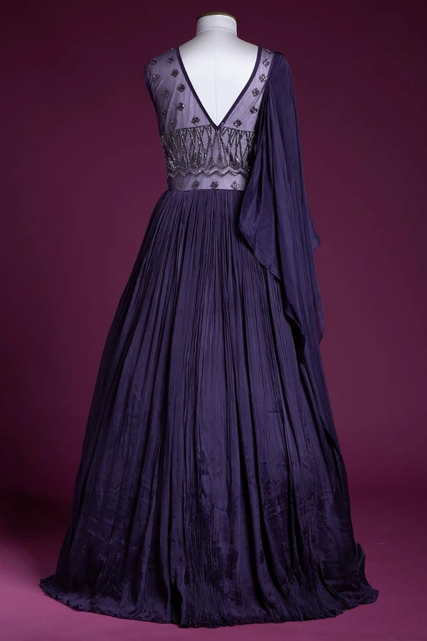 Crepe Designer V Neck Gown - Violet, M
