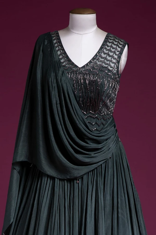 Crepe Designer V Neck Gown - Violet, M