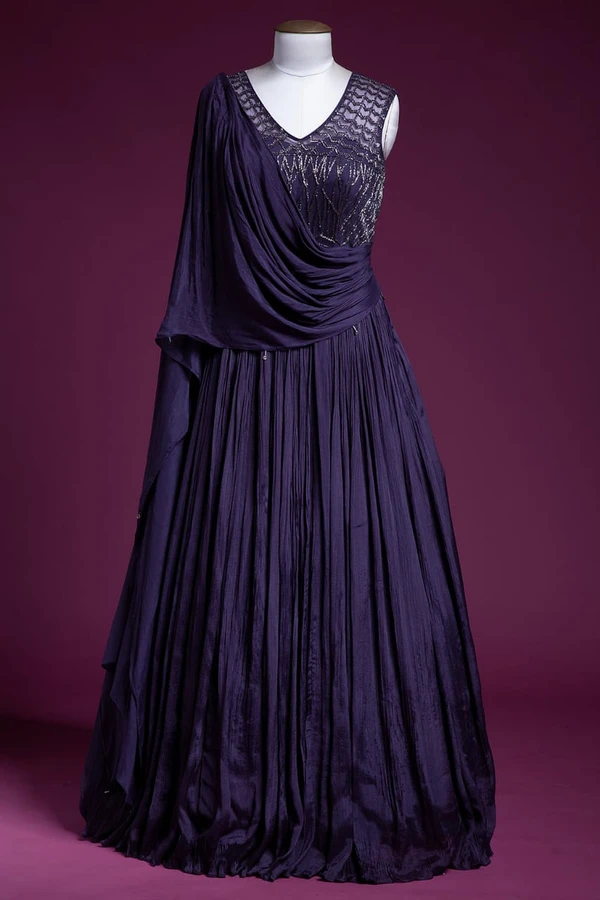 Crepe Designer V Neck Gown - Violet, L