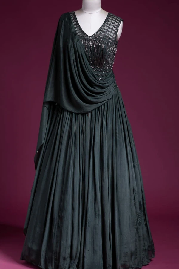Crepe Designer V Neck Gown - Violet, 6XL