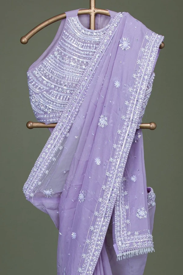 Organza Saree And Blouse With Mirror Work - S