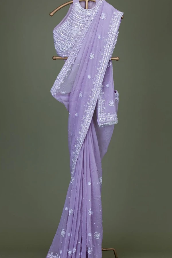 Organza Saree And Blouse With Mirror Work - L
