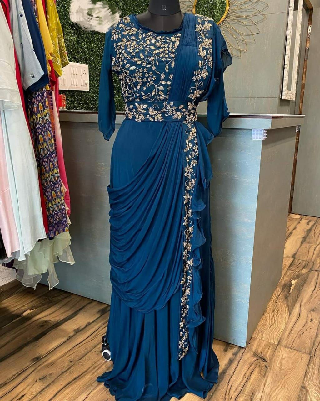 Draped Saree style gown with hand work embellishments. | Lehenga saree  design, Trendy dresses, Designer dresses