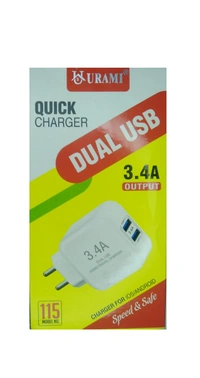 URAMI Urmai Dual Fast Usb Charger 3.4A For Android/IOS - White, 1m