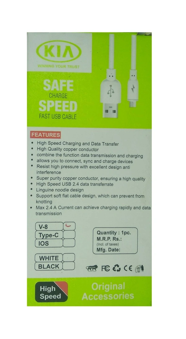 KIA Usb data Cable Type C transfer fast charger cable 2.4A