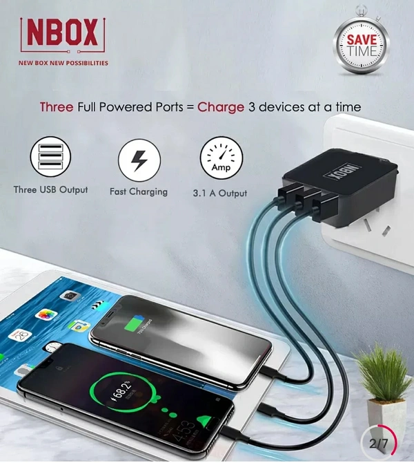 NBox NBOX 3.1A triple usb fast travel adaptor One Micro USB Cable Black