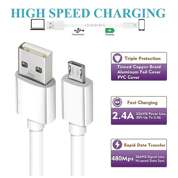 USB Cable for Vivo V11 Pro USB Cable | Micro USB Data Cable | Quick Fast Charging Cable, Charger Cable,Transfer Android V8 Cable || 2.4 Amp, 1 M, White Cable (Pack10)