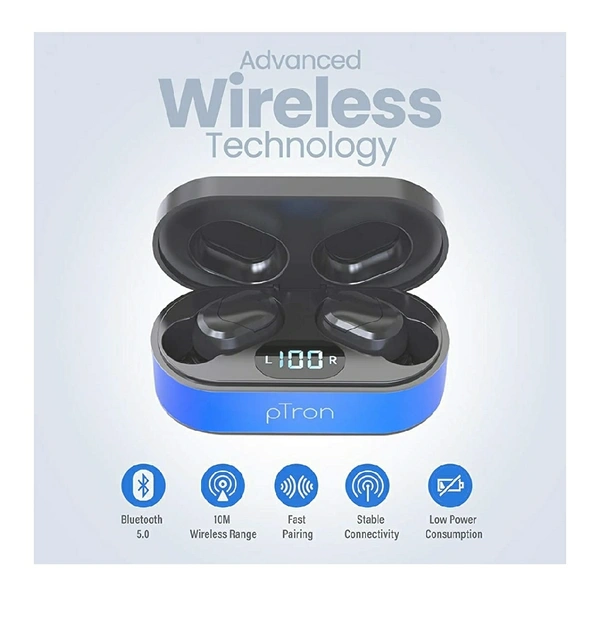 pTron Bassbuds Plus True Wireless Bluetooth 5.0 Headphones with Deep Bass, Made in India, IPX4 Water/Sweat Resistant, Passive Noise Canceling TWS Earbuds, Digital Display & Built-in Mic( Black)