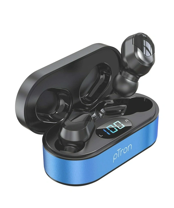 pTron Bassbuds Plus True Wireless Bluetooth 5.0 Headphones with Deep Bass, Made in India, IPX4 Water/Sweat Resistant, Passive Noise Canceling TWS Earbuds, Digital Display & Built-in Mic( Black)