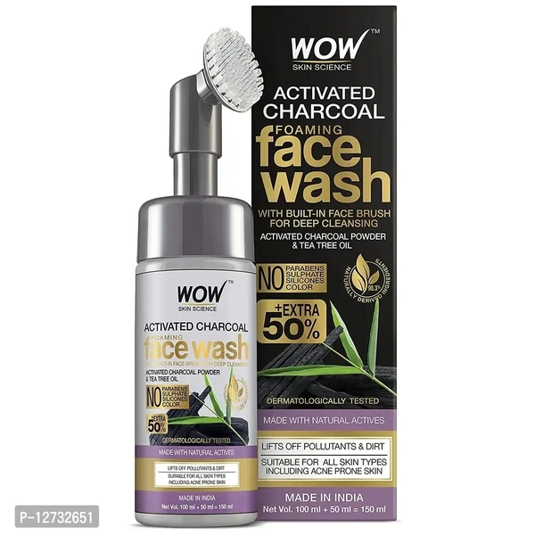 WOW Skin Science Foaming Activated Charcoal Face Wash with Built-In Face Brush for deep cleansing - No Parabens, Sulphate, Silicones Colour - 150ml