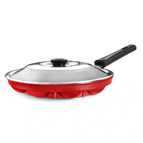 mart Single Handle 12 Cavity Appam Patra Paniyarakkal Paniyaram with Steel Lid Paniarakkal with Lid 1 L Capacity 23 cm Diameter (Aluminium, Non-Stick)
