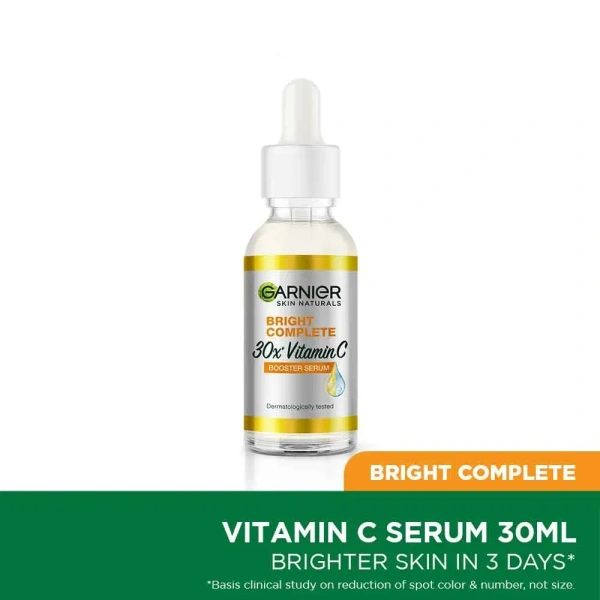 Garnier Skin Naturals, Face Serum, Increases Skins Glow Instantly and Reduces Spots Overtime, Bright Complete Vitamin C Booster, 30 ml - 1, 30 ML