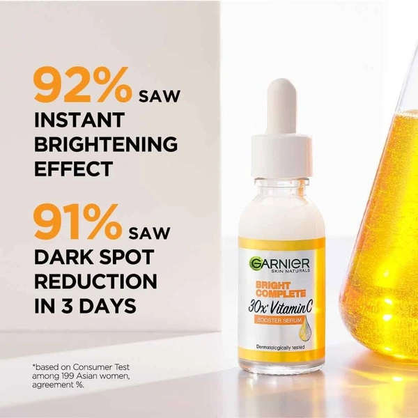 Garnier Skin Naturals, Face Serum, Increases Skins Glow Instantly and Reduces Spots Overtime, Bright Complete Vitamin C Booster, 30 ml - 1, 30 ML