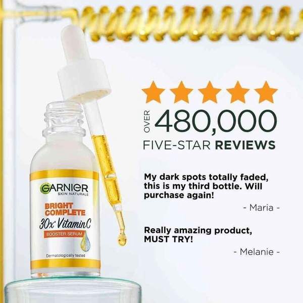 Garnier Skin Naturals, Face Serum, Increases Skins Glow Instantly and Reduces Spots Overtime, Bright Complete Vitamin C Booster, 30 ml - 1, 30 ML