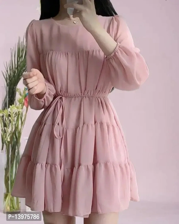 Fashionable Stylish Regular Imported Georgette Dori Belt Dress - Pink, M