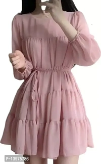 Fashionable Stylish Regular Imported Georgette Dori Belt Dress - Pink, XL