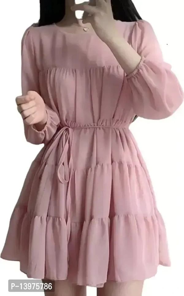 Fashionable Stylish Regular Imported Georgette Dori Belt Dress - Pink, XL