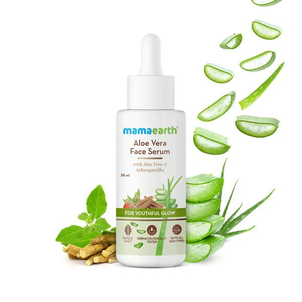 Mama Earth Aloe Vera Face Serum with Aloe Vera & Ashwagandha for a Youthful Glow– 30 ml  Hydrates | Boosts Collagen | Reduces Pigmentation