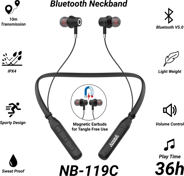 Aroma NB119C Carter - 36 Hours Playtime Bluetooth Neckband Bluetooth Headset - 36 hr, 40, available, black, 4 Days, no