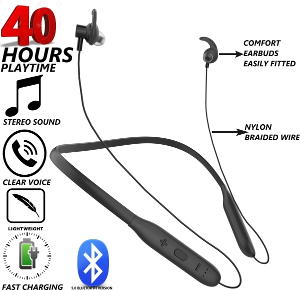 TECHFIRE TUNE 200 Platinum Series Neckband - Low Price Bluetooth Neckband Bluetooth Headset Battery 40 hr - 40, 40 hr, available, black, 4 Days, 1 year