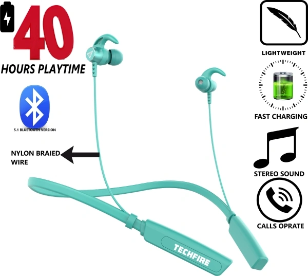 TECHFIRE Fire 500v2 Neckband hi-bass Wireless Bluetooth headphone Bluetooth Headset Battery 40hr - 40, 40 hr, available, Green, 4 Days, 1 year