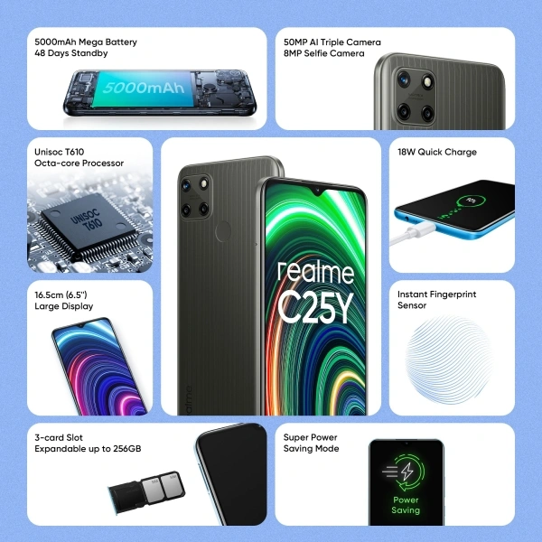 Realme realme C25Y (Metal Grey, 64 GB) - 4 GB RAM | 64 GB ROM | Expandable Upto 256 GB, 5000 mAh Battery, 16.51 cm (6.5 inch) HD+ Display, 50MP + 2MP + 2MP |,  8MP Front Camera, Unisoc T610 Octa Core Processor