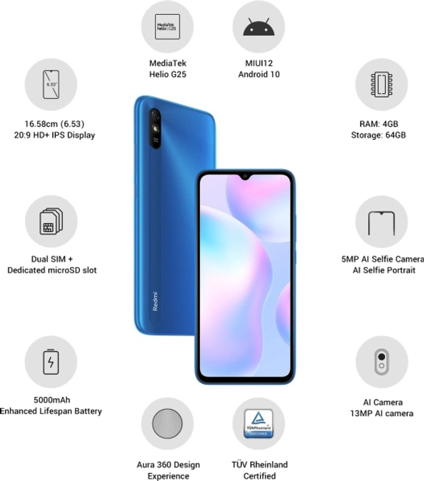 Redmi REDMI 9i (Sea Blue, 64 GB) - 4 GB RAM | 64 GB ROM | Expandable Upto 512 GB, 5000 mAh Lithium Polymer Battery, 16.59 cm (6.53 inch) HD+ Display, 5MP Front Camera, 13MP Rear Camera, sea blue