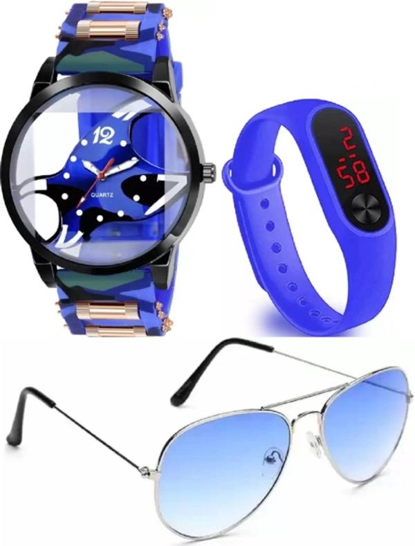 Florida BLUE ANALOG ROUND DIAL + DIGITAL SILICON STRAP + AVIATOR SUNGLASS UV PROTECTION Analog-Digital Watch  - For Boys - 4 Days, 40