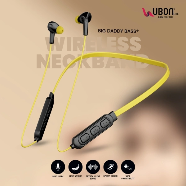 Ubon CL-116 Neckband Bluetooth Headset - 12 hr, yellow, 4 Days, 30