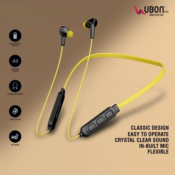 Ubon CL-116 Neckband Bluetooth Headset - 12 hr, yellow, 4 Days, 30