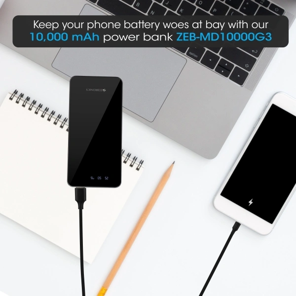ZEBRONICS 10000 mAh Power Bank (12 W, Fast Charging) - 10000 mAh, black, Charging Cable Included, 30, 4 Days, 1, 5 month
