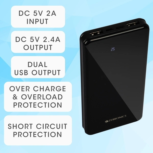 ZEBRONICS 10000 mAh Power Bank (12 W, Fast Charging) - 10000 mAh, black, Charging Cable Included, 30, 4 Days, 1, 5 month