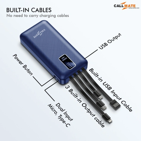 Callmate 20000 mAh Power Bank (Fast Charging) - 30, 20000 mAh, Blue, cash on delivery available, 4 Days, 1, 5 month, Lithium Polymer Battery | Type-C, Lightning, Micro Connector