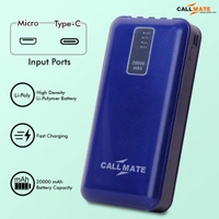 Callmate 20000 mAh Power Bank (Fast Charging) - 30, 20000 mAh, Blue, cash on delivery available, 4 Days, 1, 5 month, Lithium Polymer Battery | Type-C, Lightning, Micro Connector