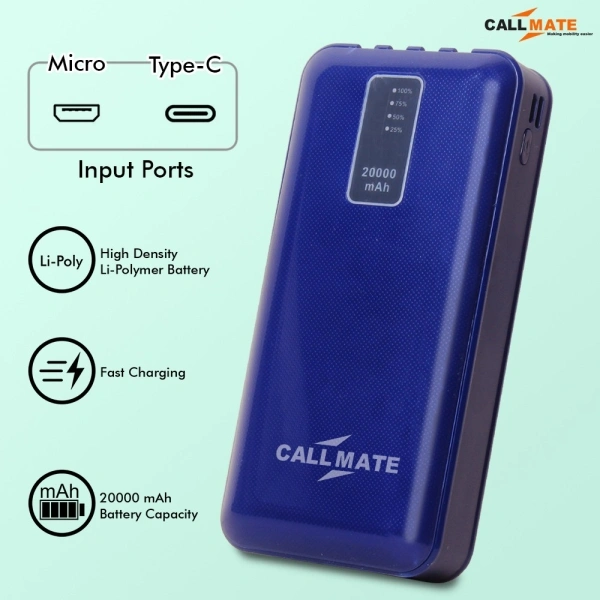 Callmate 20000 mAh Power Bank (Fast Charging) - 30, 20000 mAh, Blue, cash on delivery available, 4 Days, 1, 5 month, Lithium Polymer Battery | Type-C, Lightning, Micro Connector