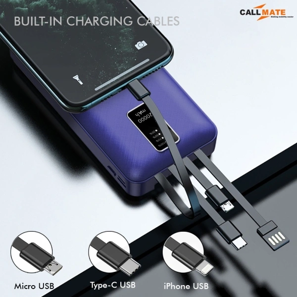 Callmate 20000 mAh Power Bank (Fast Charging) - 30, 20000 mAh, Blue, cash on delivery available, 4 Days, 1, 5 month, Lithium Polymer Battery | Type-C, Lightning, Micro Connector