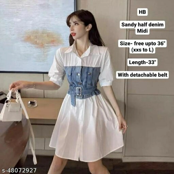 Denim Midi With Detachable Belt (Size Upto L) - Free size