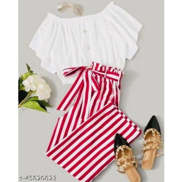 Crop Top With Stripped Pant - Red, L