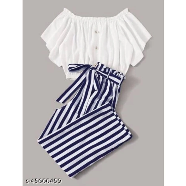 Crop Top With Stripped Pant - Blue, XL