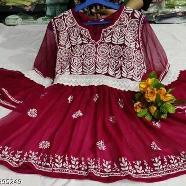 Chiffon Chikankari Frock Type Kurti  - Maroon, L