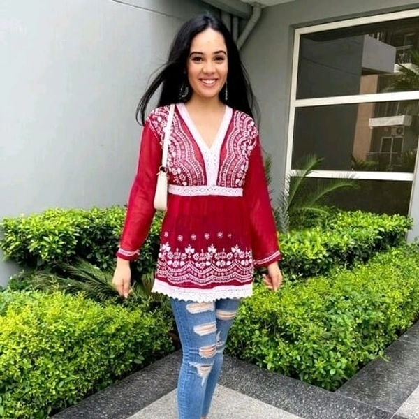Chiffon Chikankari Frock Type Kurti  - Maroon, XXL