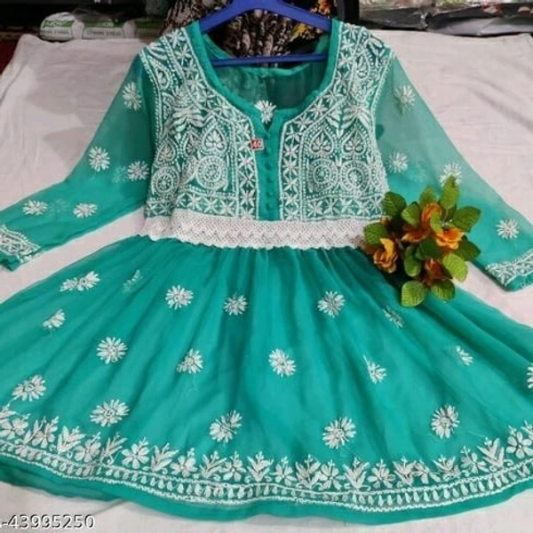 Chiffon Chikankari Frock Type Kurti  - S, Light Green