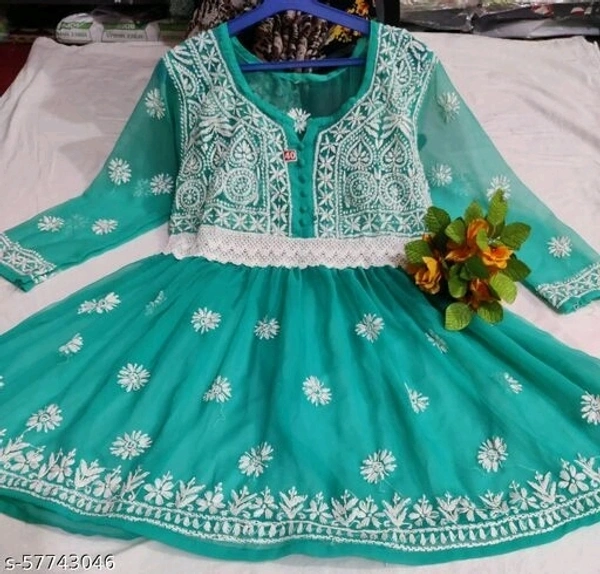 Chiffon Chikankari Frock Type Kurti  - Light Green, L