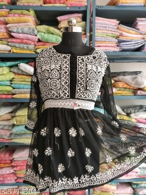 Chiffon Chikankari Frock Type Kurti  - Black , XXL